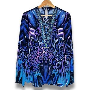 Hale Bob Blue Purple Animal Print‎ Beaded Lace Up V-Neck Wide Sleeve Tunic Top M